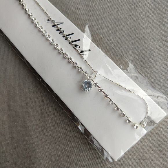 Double Chain Silver Rhinestone Anklet 10" new old stock fashion jewelry minimal - Picture 1 of 6